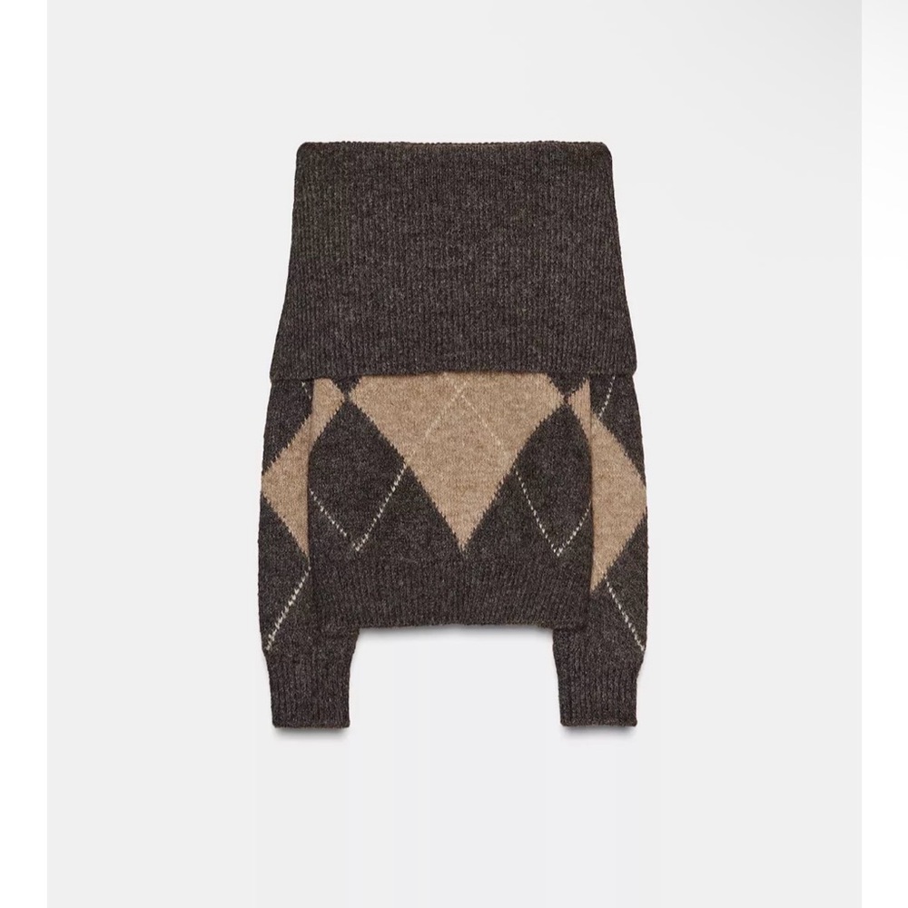 Zara Dark Brown and Tan Argyle Turtleneck Sweater